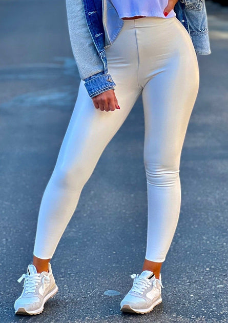 White Ruched Faux Leather Legging